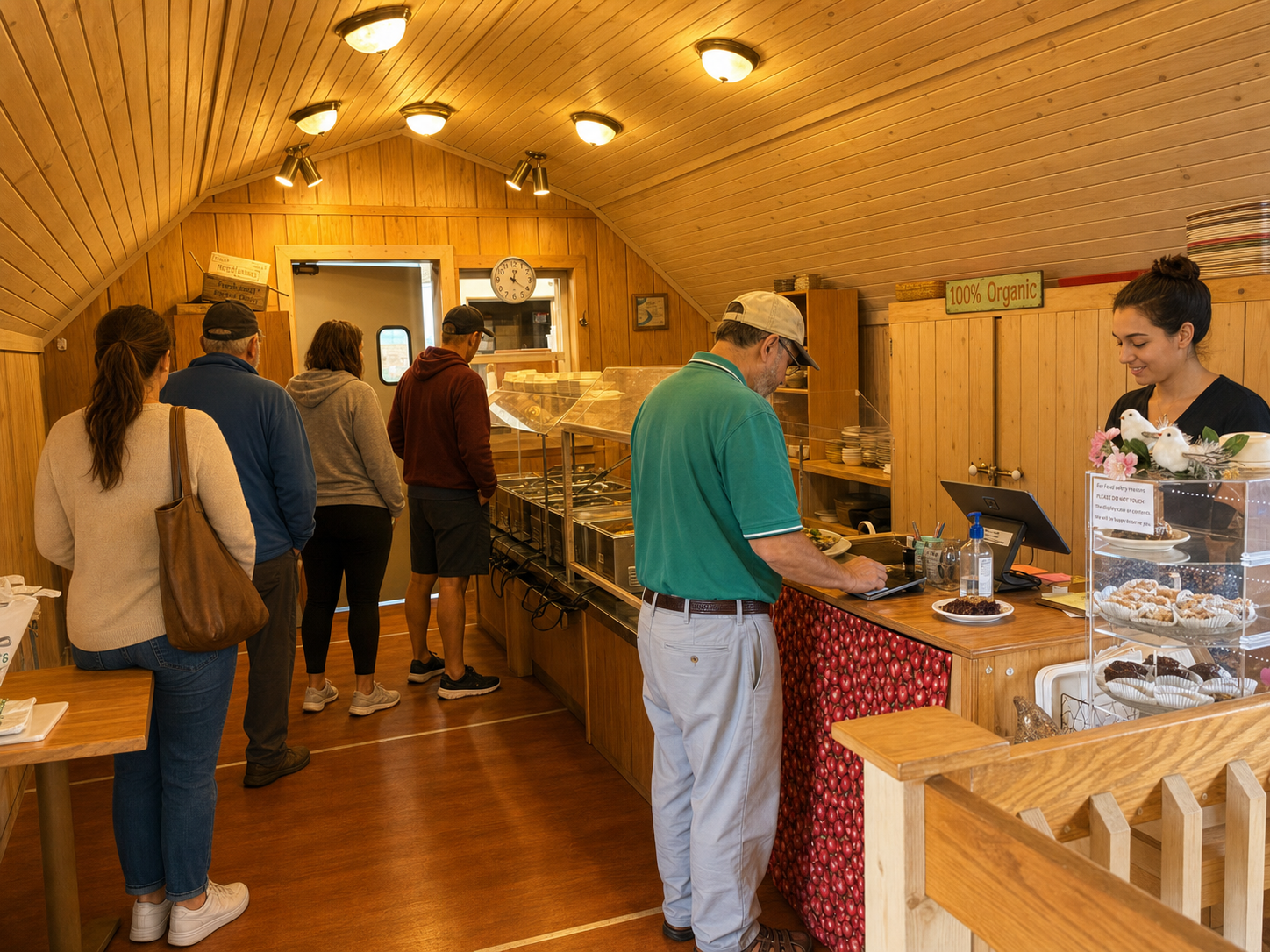 Guests in line at the wood-paneled upstairs café and pastry case