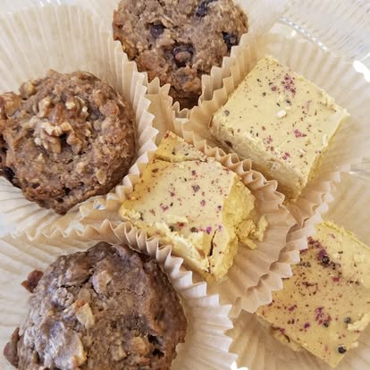 Fresh-baked organic muffins and rose-cardamom bars from the café bakery